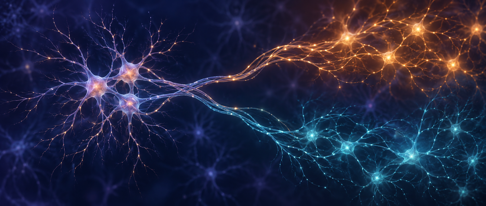 AI concept illustration: branching neuronal outputs reach two different networks, representing circuit-dependent consequences rather than experimental data or precise anatomy