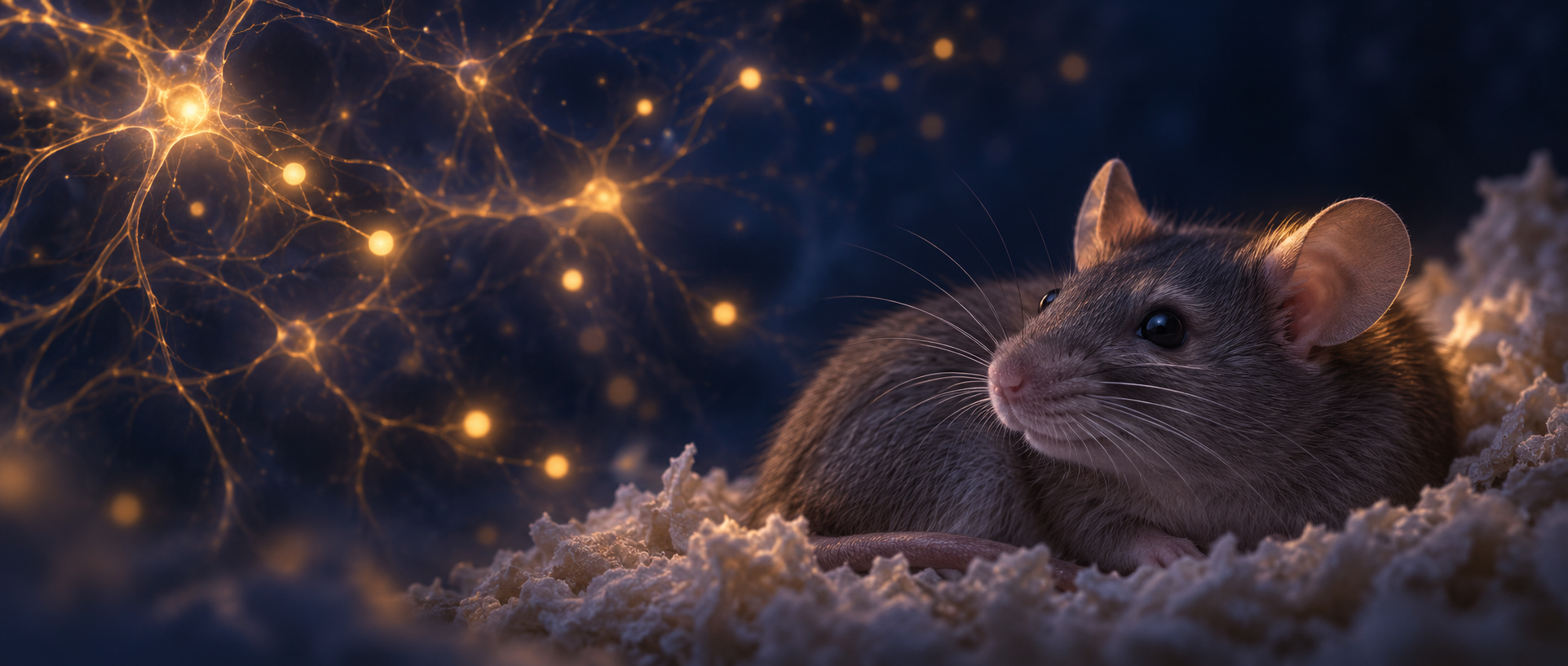 AI concept illustration of a quietly awake mouse in nesting material and abstract neural signals, evoking shared regulation of sleep disruption and pain sensitivity.
