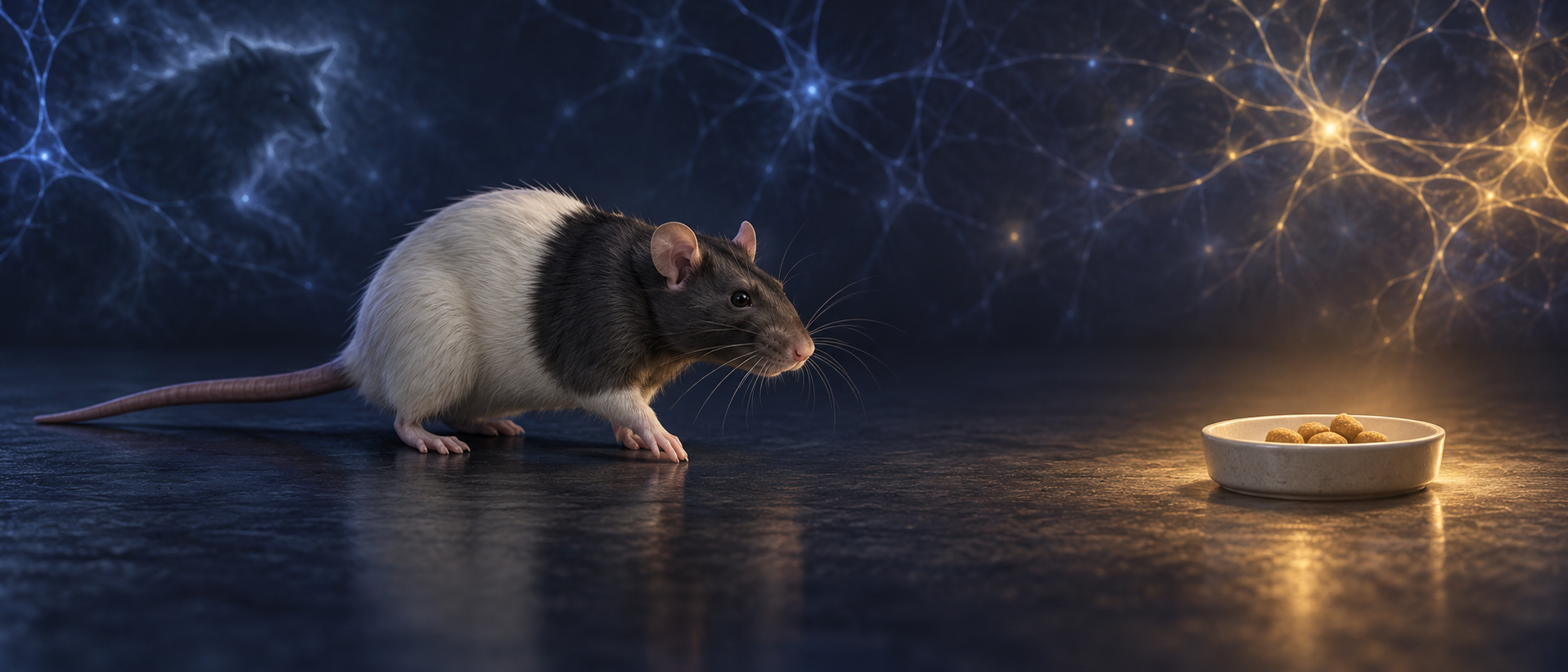 AI concept illustration: a hooded Long–Evans rat pauses before food, with lighting and abstract neural textures representing approach–avoidance conflict rather than an experiment photograph or data
