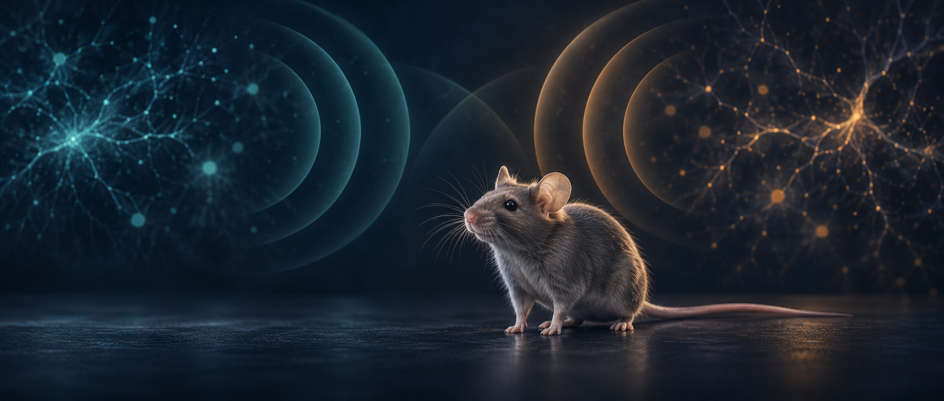 AI concept illustration of a mouse with two abstract sound cues and neural textures, evoking safety learning and stress modulation.