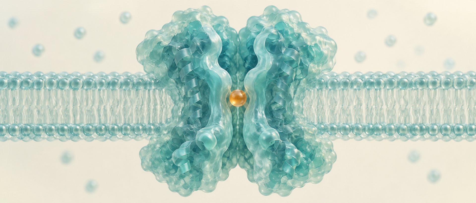AI concept illustration of a molecule temporarily retained in a membrane receptor channel; not an actual molecular structure or experimental data
