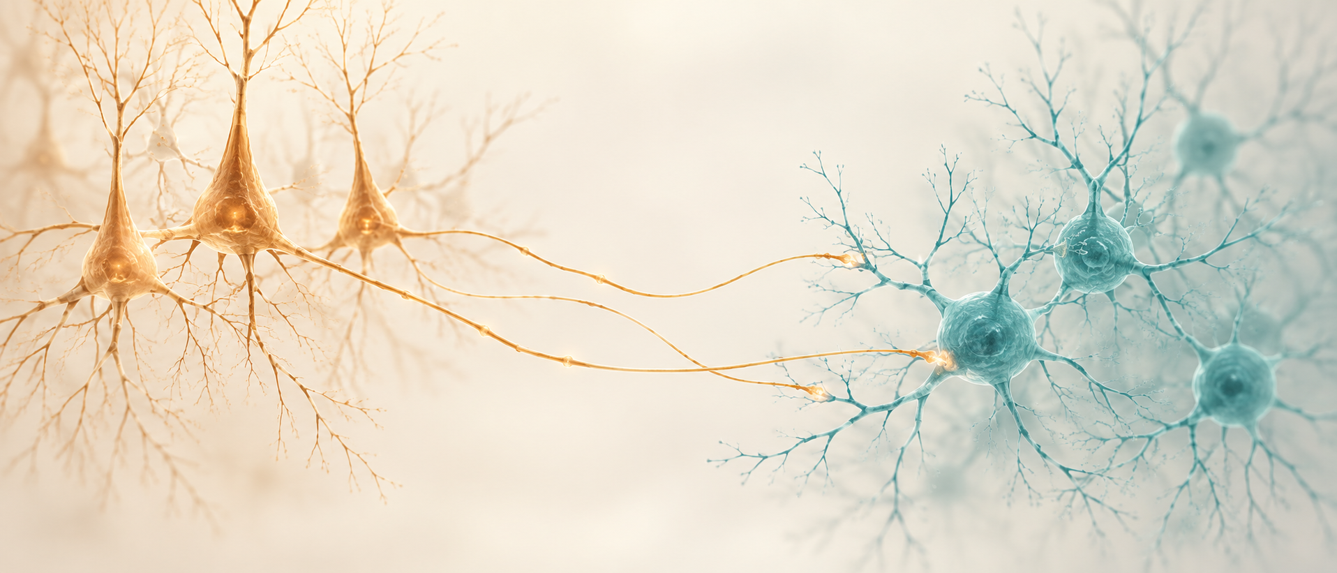 AI concept illustration of distinct excitatory and inhibitory neuronal populations and a projection between them; not microscopy or an anatomical map