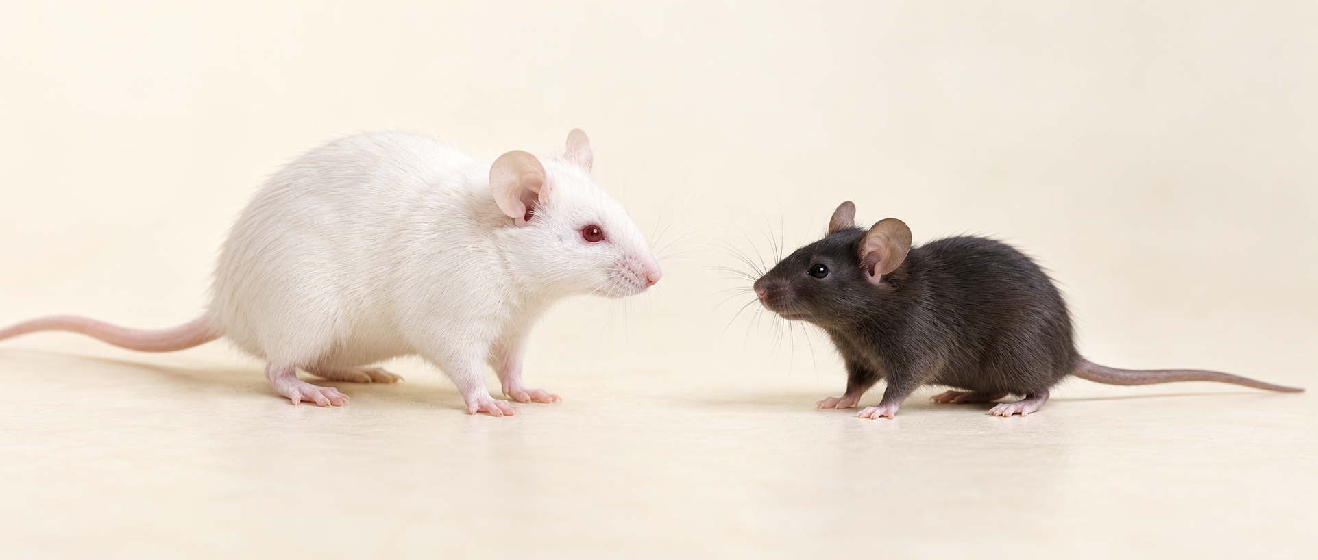 AI concept illustration of a calm encounter between white and dark laboratory mice; not a photograph from the study