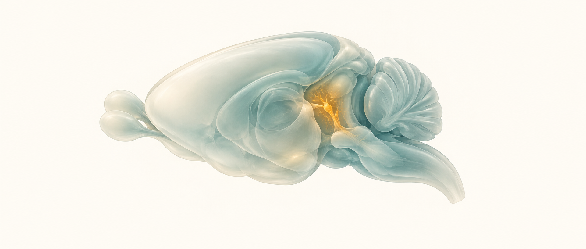 AI concept illustration of midbrain neuronal activity within a smooth mouse-brain side view; not an exact anatomical map or experimental image