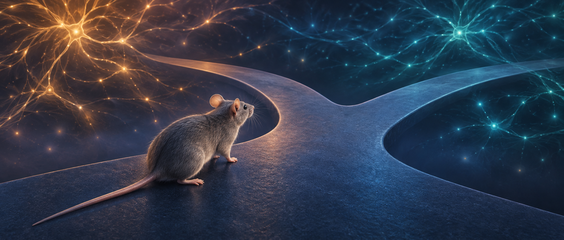 AI research concept illustration: a mouse choosing at a branching path, with warm and cool neural light suggesting coordinated but different network contributions; not an experiment photograph or data