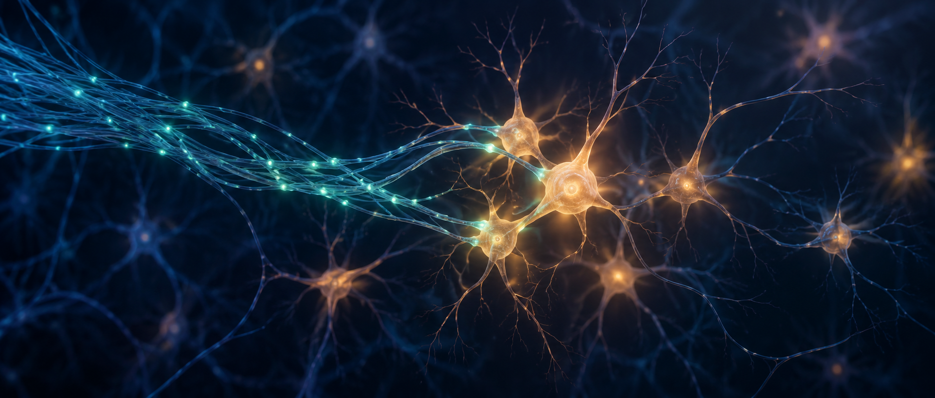 AI research concept illustration: blue-green input fibers contact a warm-colored ensemble with varied brightness, suggesting input–ensemble relationships; not measured activity or microscopy