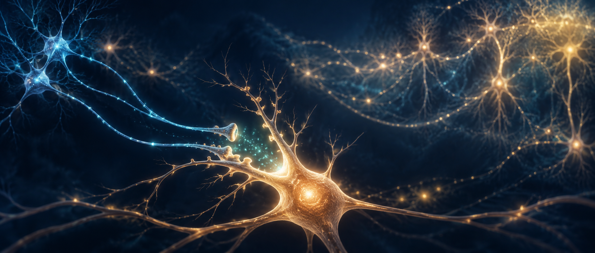 AI research concept illustration: abstract light imagery of cellular input and neural-network communication, not measured data or a diagram of a specific molecular mechanism